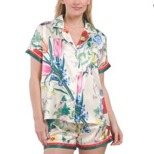 DALIA MACPHEE White Field Poppy Floral 2pc Notched Collar Short Sleeve Shorts PJ